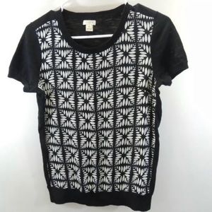J Crew Printed Woven-Panel KnIt Blouse Black Sz XS